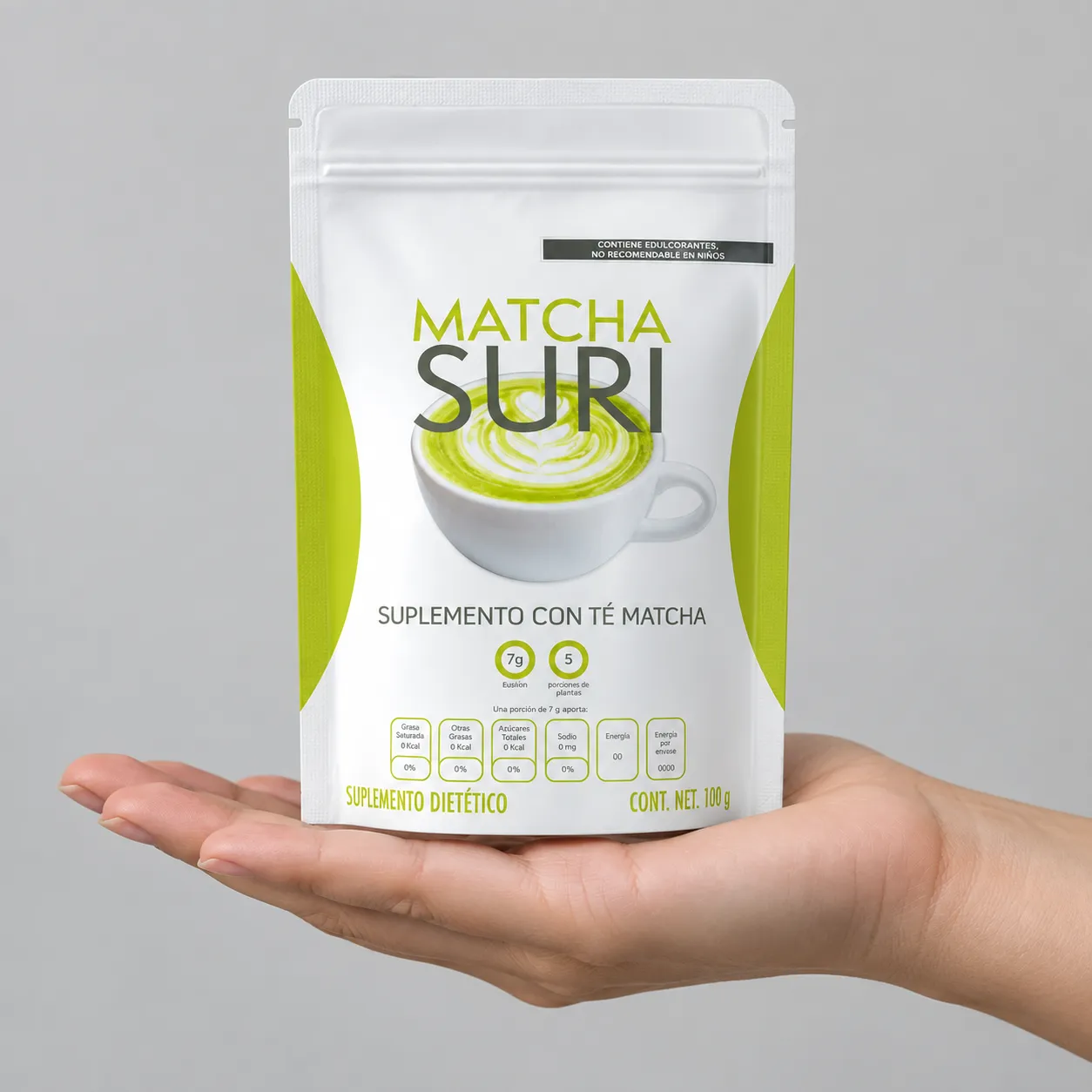 Matcha Suri — the package held in a hand