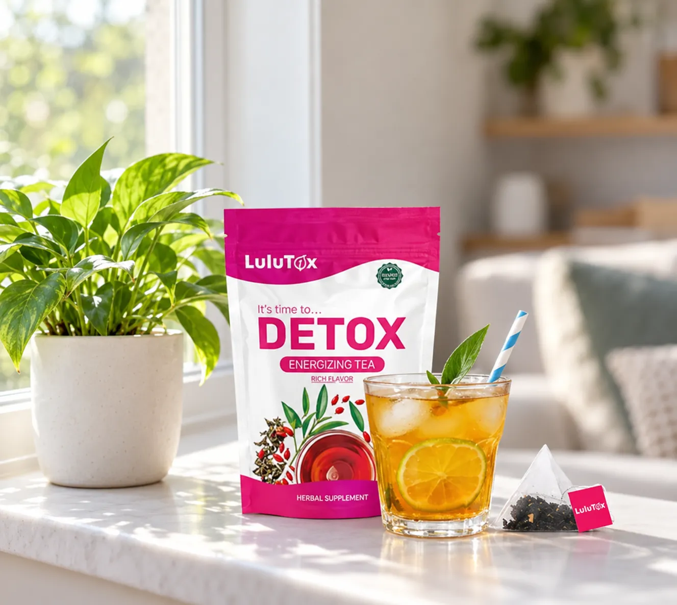 Lulutox Detox Tea — the package in everyday use